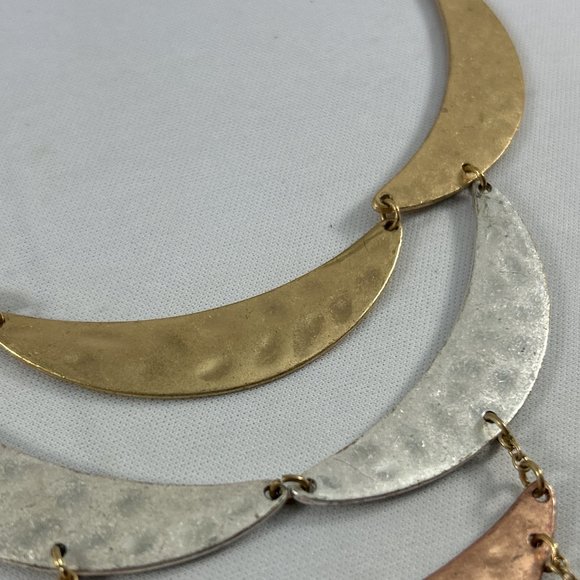 Hammered Copper Brass Silver Tone Bib Necklace Statement Brutalist Metal 15-19" - Picture 4 of 7